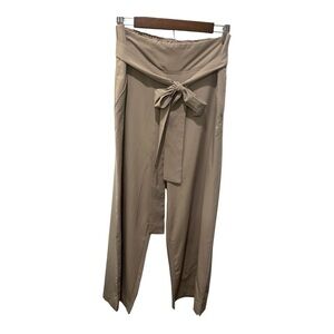 SOYBU LIGHT BEIGE FLOWY WIDE LEG TIE SASH BELTED PANTS